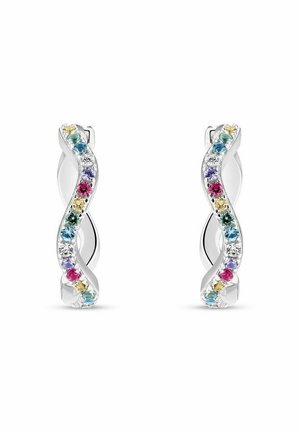 Silvriga snurrörhängen med flerfärgade ädelstenar: blå, rosa, gul och klar, arrangerade i en vågformad design längs ena sidan.