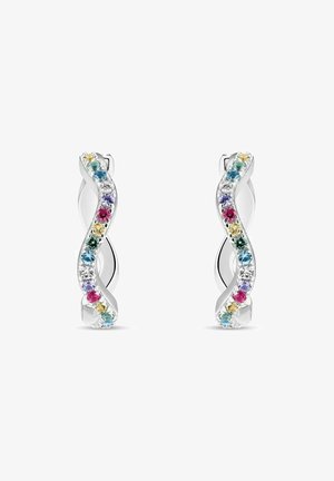 Silvriga snurrörhängen med flerfärgade ädelstenar: blå, rosa, gul och klar, arrangerade i en vågformad design längs ena sidan.
