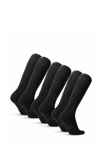 Calcetines negros hasta la rodilla en textura acanalada, con un puño suave y un sutil logo en la suela. Conjunto de cinco pares.