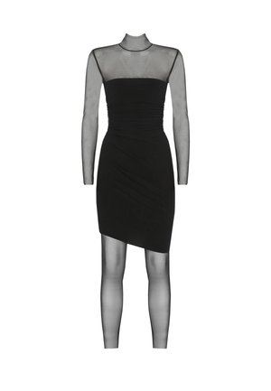 Vestito nero con maniche lunghe in rete e collo alto. Presenta un corpetto plissettato e un orlo asimmetrico. Texture liscia in tutta la superficie.