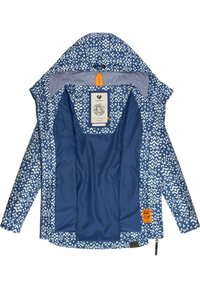 Modra jakna z vzorcem in kontrastno notranjo podlogo, ki ima rebrast ovratnik, oranžne detajle in etiketo na notranji strani.