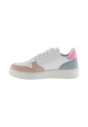 White low-top sneaker with pink, beige, and light blue suede accents, white laces, and a thick white sole.