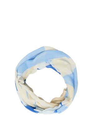 Écharpe circulaire à motifs bleu clair, crème et blanc, pliée en boucle sur un fond blanc.