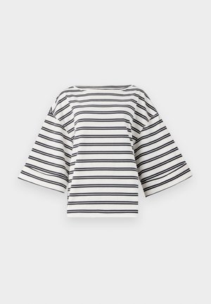 White t-shirt with black horizontal stripes, wide short sleeves, and a round neckline. Made of lightweight fabric with a relaxed fit.