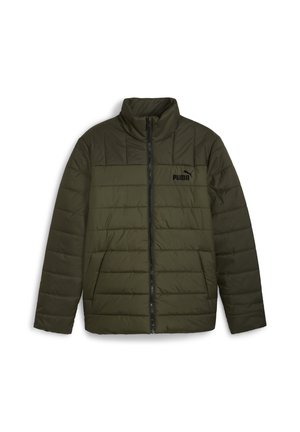 Olivza zaļa pūkaina jaka ar augstu apkakli, quilted dizainu, ar rāvējslēdzēju un melnu Puma logo kreisajā krūtīs.