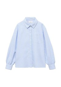 Cămașă cu dungi în nuanțe de albastru deschis, cu mâneci lungi, închidere cu nasturi, guler clasic, un buzunar pe piept și manșete elastice. Material moale și neted.