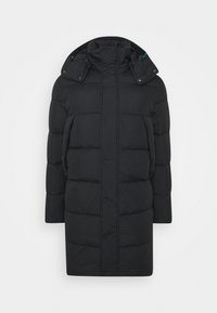 Sort pufferjakke med hætte, der har et quiltet design og trykknaplukninger. Stoffet ser glat og isoleret ud.