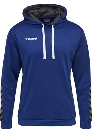 Blaues Hoodie aus strukturiertem Stoff, mit einem grauen Innenfutter und weißen Kordeln. Schwarz-weißer Zickzack-Muster auf den Ärmeln.