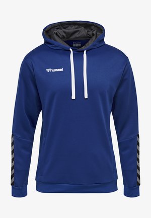 Blauwe hoodie van een gestructureerde stof, met een grijze binnenvoering en witte trekkoorden. Zwart-wit chevronpatroon op de mouwen.