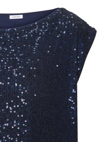 Glänzendes marineblaues Kleid mit glatter Textur, verziert mit verstreuten Pailletten auf dem Stoff; runder Ausschnitt und kurzärmelige Kappenärmel.