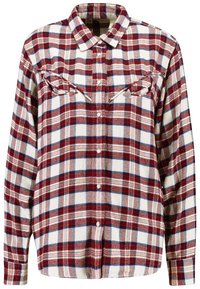 Rot-weiß-blau kariertes Flanellhemd mit durchgehender Knopfleiste, zwei Brusttaschen und klassischem Kragen. Weicher, strukturierter Stoff.