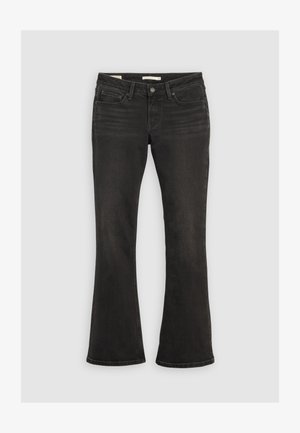 Jean noir coupe bootcut avec poches avant, passants pour ceinture et fermeture à boutons, présenté à plat sur un fond gris clair.