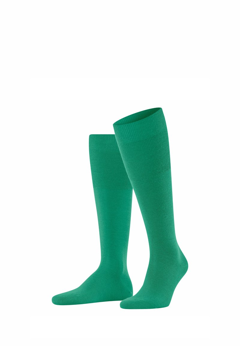 Calze al ginocchio di colore verde intenso, realizzate in un morbido tessuto testurizzato con polsini a coste e una finitura liscia sul corpo. Senza ulteriori motivi.