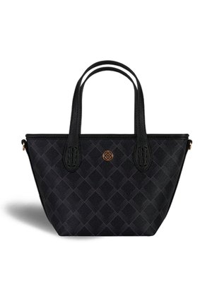 Black tote bag made from textured leather, featuring a diamond pattern, dual handles, and a round logo accent on the front.