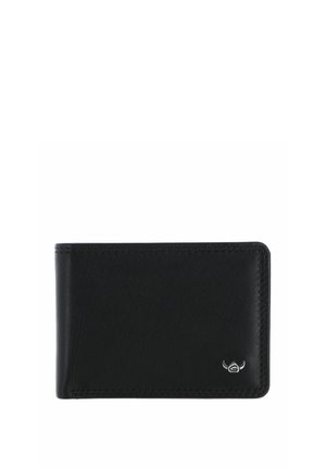 Portefeuille bifold en cuir noir avec un petit logo casque viking argenté en bas à droite, isolé sur fond blanc.