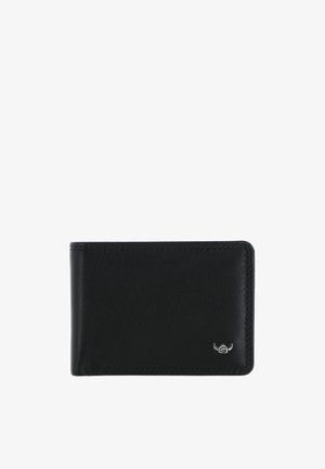 Portefeuille bifold en cuir noir avec un petit logo casque viking argenté en bas à droite, isolé sur fond blanc.