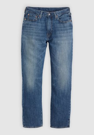 Μπλε τζιν παντελόνι denim με ίσια γραμμή, διαθέτει ξεθωριασμένες περιοχές, σχέδιο με πέντε τσέπες και μεταλλικά εξαρτήματα. Κλασική, ευέλικτη εμφάνιση.