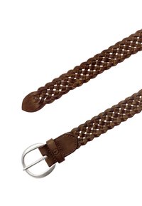 Brązowy pleciony pasek skórzany ze srebrną metalową sprzączką i ozdobnym przeszyciem. Posiada gładkie wykończenie oraz zaokrąglony detal na końcu.