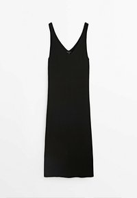 Schwarzes ärmelloses Kleid mit tiefem V-Ausschnitt, aus Rippstoff gefertigt. Gerader Schnitt, knielang, ohne Muster oder Verzierungen.