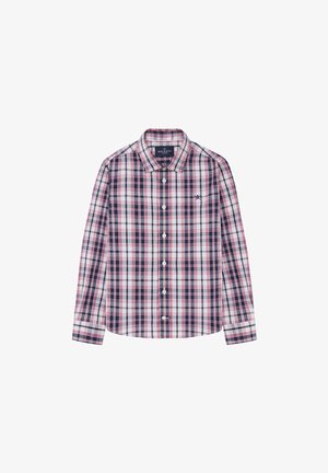 Geruite lange mouw shirt in marineblauw, wit en rood. Kenmerkt zich door een button-down kraag, frontknopen en een geborduurd logo op de borst.