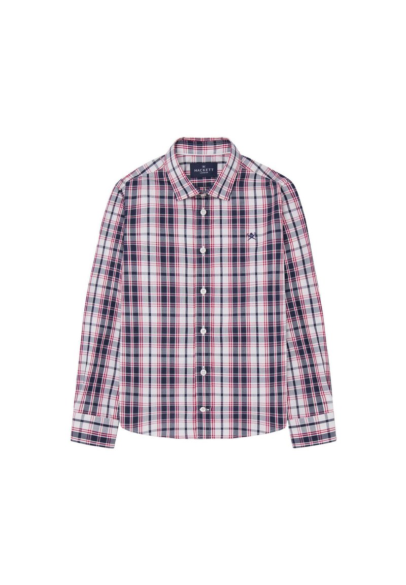 Geruite lange mouw shirt in marineblauw, wit en rood. Kenmerkt zich door een button-down kraag, frontknopen en een geborduurd logo op de borst.