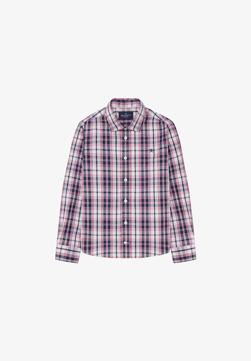 Camicia a maniche lunghe a quadri in blu navy, bianco e rosso. Presenta un colletto alla coreana, bottoni sul davanti e un logo ricamato sul petto.