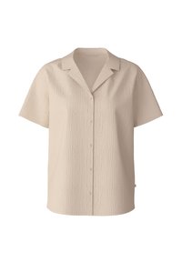 Korte mouwen, beige knopenoverhemd van een textuurstof. Bevat een klassieke kraag en een losse pasvorm. Subtiel patroon over het gehele shirt.