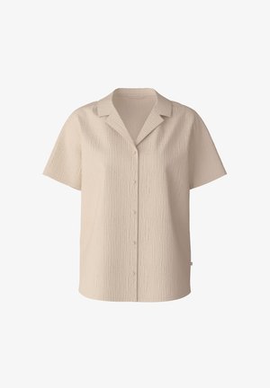 Korte mouwen, beige knopenoverhemd van een textuurstof. Bevat een klassieke kraag en een losse pasvorm. Subtiel patroon over het gehele shirt.