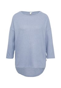 Lichtblauwe lange mouwen losse shirt met ronde hals en gebogen zoom, weergegeven op een witte achtergrond.