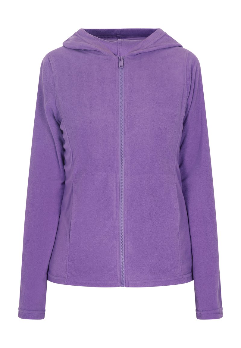 Lila fleece zip-up jacka med huva. Har långa ärmar, sidofickor och en mjuk textur. Enkel, odekorerad design.