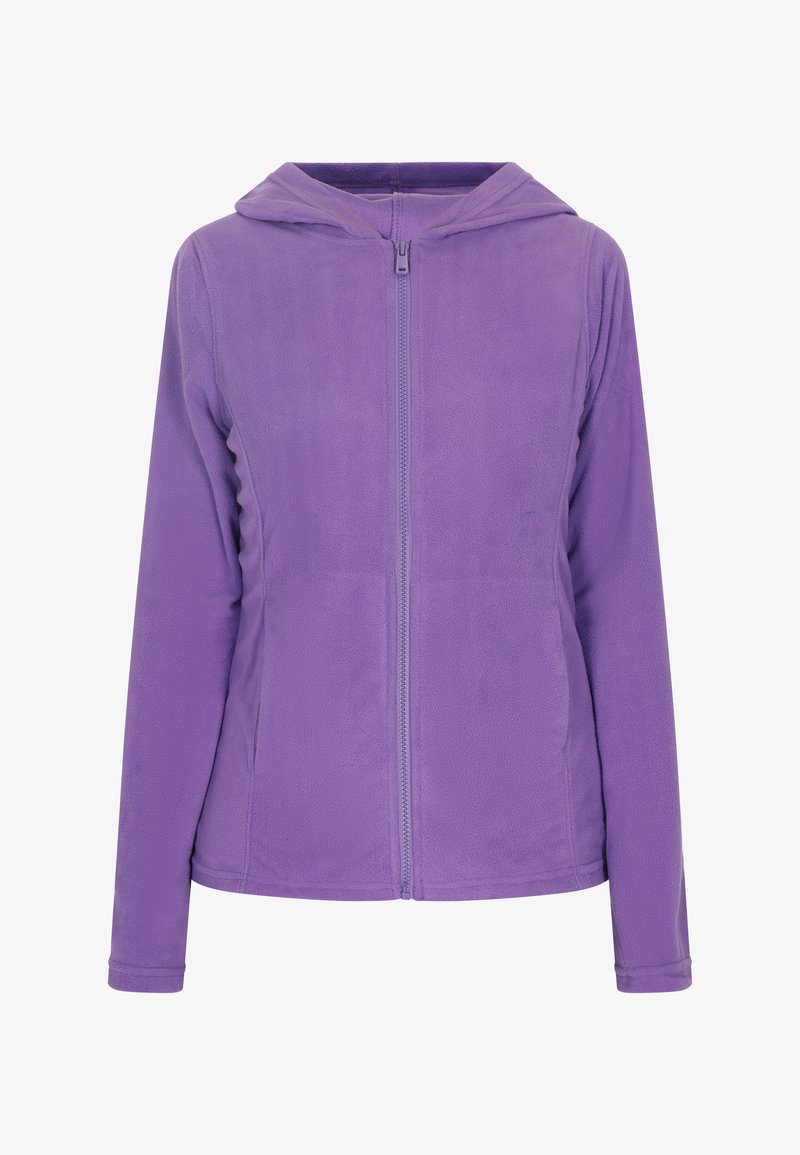 Lila fleece zip-up jacka med huva. Har långa ärmar, sidofickor och en mjuk textur. Enkel, odekorerad design.