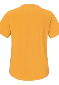 Short-sleeve t-shirt in solid mustard yellow cotton, featuring a round neckline and a relaxed fit with a smooth texture and curved hemline.