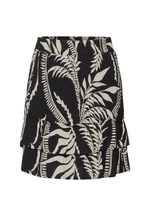 Black skirt with white leaf pattern, featuring a tiered ruffle design. Made of lightweight fabric with a fitted waistband and subtle texture.
