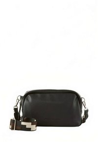 Must nahast üleõlakott tekstureeritud pinnaga, tõmblukuga sulgumine ja reguleeritav mustriga rihm neutraalsetes toonides.