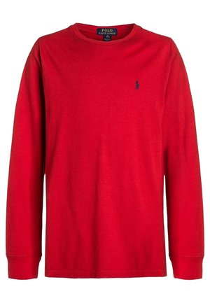 Rød langærmet t-shirt med rund hals og lille mørkeblå Polo Ralph Lauren-logo på venstre bryst.