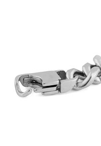 Stainless steel chain with a hook closure; features a smooth texture and shiny finish; links are interlocked and slightly twisted.