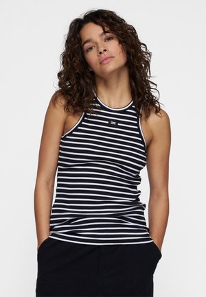 Zwart-wit gestreepte tanktop met een getailleerd ontwerp, gemaakt van rekbare stof. Heeft een ronde halslijn en een klein logo op de borst.