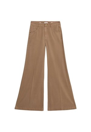 Pantaloni a gamba larga marroni realizzati in tessuto di cotone. Caratterizzati da un bottone e una cerniera frontale, due tasche anteriori e dettagli di cucitura discreti.