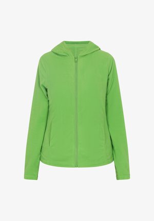 Grüne Fleecejacke mit durchgehendem Reißverschluss, Kapuze und langen Ärmeln. Weicher Stoff und leichtes Design, das sich gut für das Schichten eignet.