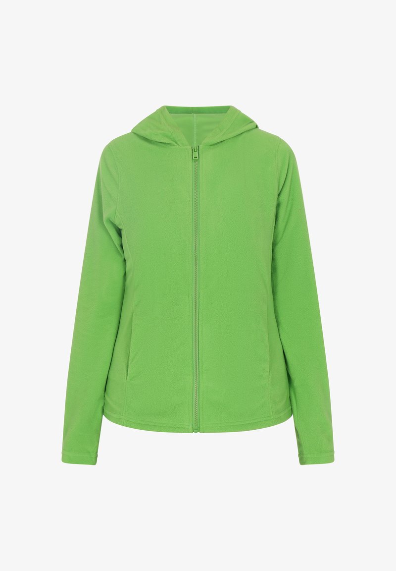Groene fleece jas met een volledige rits aan de voorkant, een capuchon en lange mouwen. Zachte textuur en lichtgewicht ontwerp, geschikt voor het dragen in laagjes.