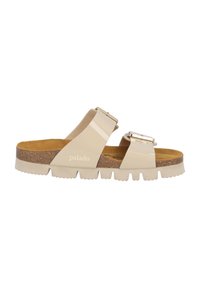 Infradito beige senza lacci con due fasce larghe, suola in sughero, suola in gomma e fibbie metalliche, caratterizzati da una finitura lucida e texurizzata.