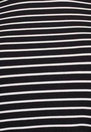 Black fabric with evenly spaced horizontal white stripes. The texture appears smooth, with a soft, stretchy quality.
