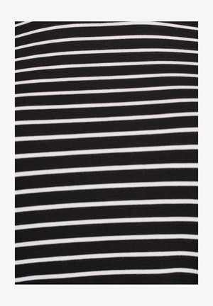 Černá tkanina s rovnoměrně rozloženými vodorovnými bílými pruhy. Textura vypadá hladce, s měkkou, pružnou kvalitou.