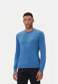 Maglione blu girocollo realizzato in morbido tessuto a maglia. Presenta maniche lunghe e orlo a costine. Design semplice con dettagli minimi.