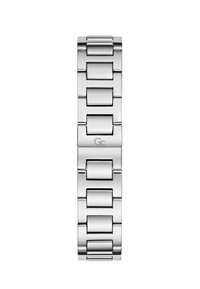 Bracciale in metallo per orologio in argento, caratterizzato da una serie di maglie rettangolari con una finitura lucida e un logo inciso in modo discreto.
