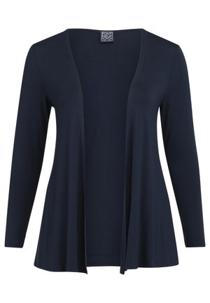 Marinblå långärmad cardigan med öppen framsida, tillverkad av slät tyg, med avslappnad passform och utan knäppningar eller utsmyckningar.