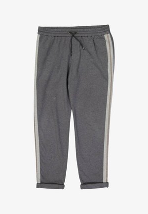 Pantalon de survêtement gris foncé avec des bandes latérales gris clair et une taille avec cordon noir, affiché sur fond blanc.