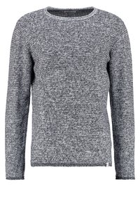 Šedý a černý textured dlouhý svetr s kulatým výstřihem a ribbed manžetami, s malou etiketou na dolní levé straně.