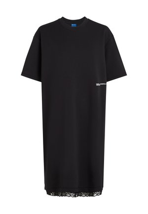 Vestido negro de manga corta hasta la rodilla con cuello redondo, pequeño logo blanco "Karl Lagerfeld Jeans" en la cintura derecha y detalle de encaje en el bajo.