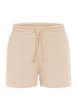 Pantaloni corti beige con cintura elastica e cordoncino. Tessuto morbido con una texture liscia. Presenta il logo in corsivo sul lato inferiore destro.